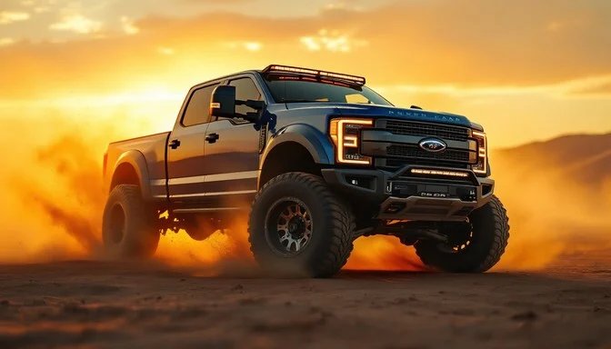 Ford F-250 truck at golden hour in UAE desert